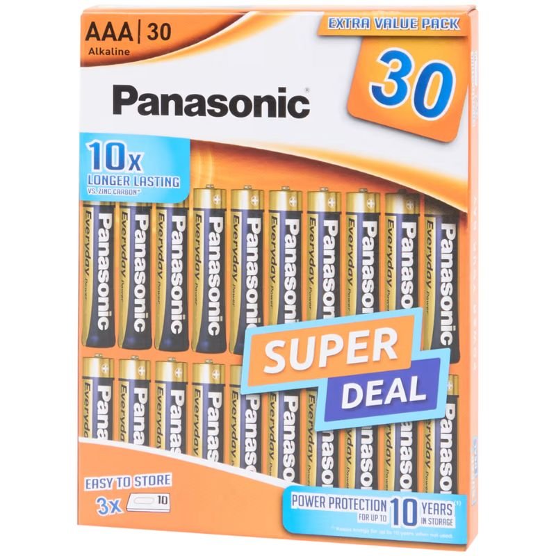Piles alcalines Panasonic AAA – Lot de 30, 1,5 V, longue conservation